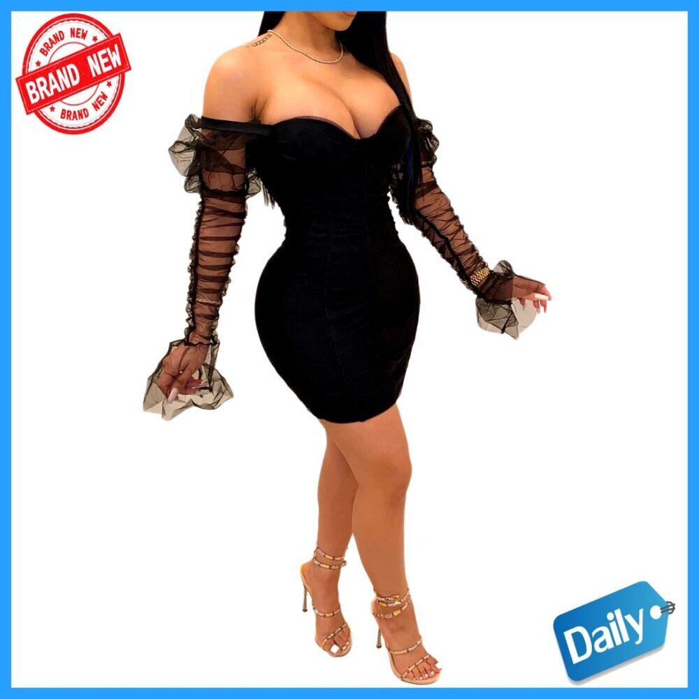 Mesh Sheer Patchwork Bodycon Mini Dress Deep V Neck Flared Sleeves Party